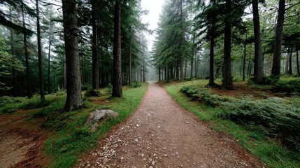 Fototapeta premium Serene Pathway Through Lush Green Forest Surrounded by Misty Atmosphere and Tranquil Nature Vibes