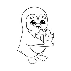 Coloring book with cute penguin with present in his hands at party, birthday or wedding. Contour baby penguin holds round gift box.