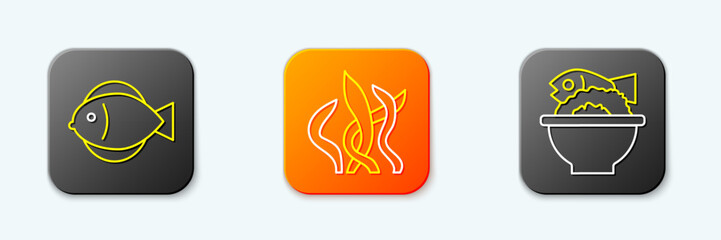 Set line Fish, Seaweed and Served fish on bowl icon. Vector