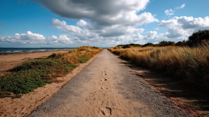 Fototapeta premium Scenic Coastal Pathway with Grass and Clouds Under Blue Sky at Beachside Landscape
