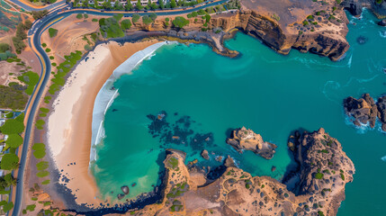 Aerial view of stunning beach and turquoise bay with rocky outcrops
