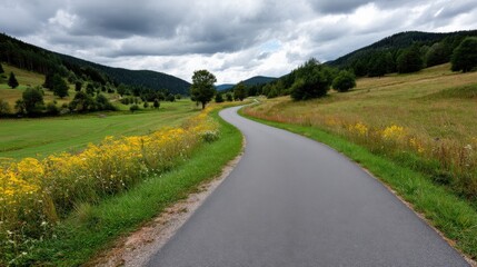 Peaceful Scenic Landscape with Winding Road, Green Fields, Yellow Wildflowers, and Dramatic Cloudy Sky