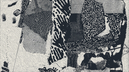 Abstract monochrome vector background. Grunge collage composition featuring various engraving, etching, and hatching line textures in a fragmented pattern style.