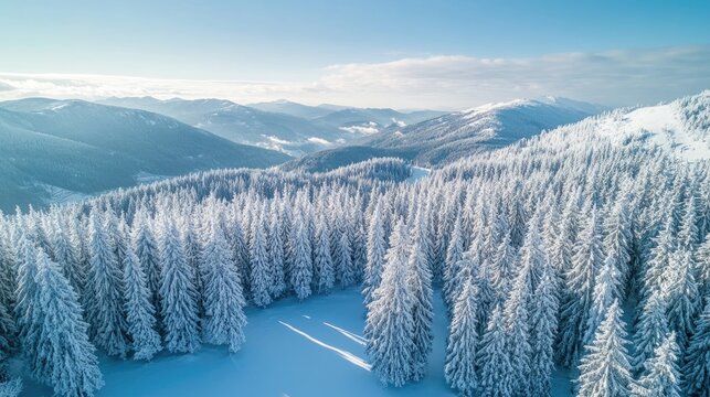 Aerial view above snow-covered tree forest and beautiful mountain landscape on a clear winter day