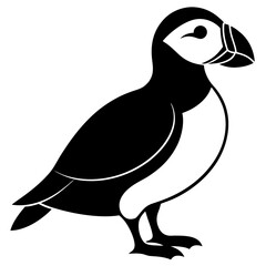 vector silhouette of a puffin standing with large beak, short wings, clean vector art, white background