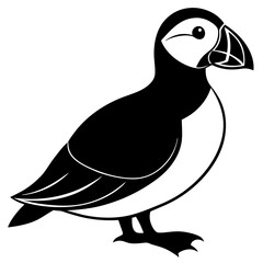 vector silhouette of a puffin standing with large beak, short wings, clean vector art, white background