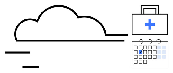 Abstract cloud with first-aid kit and calendar featuring marked date. Ideal for healthcare, scheduling, cloud storage, medical planning, appointments, digital health, data management. Flat simple
