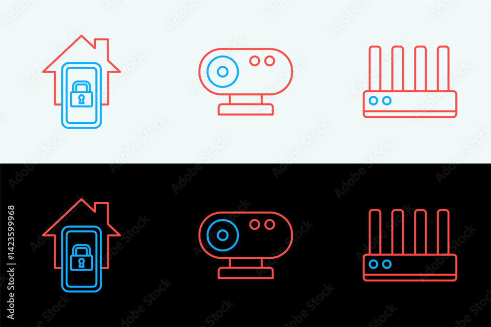 Poster set line router and wi-fi signal, mobile with smart home and web camera icon. vector