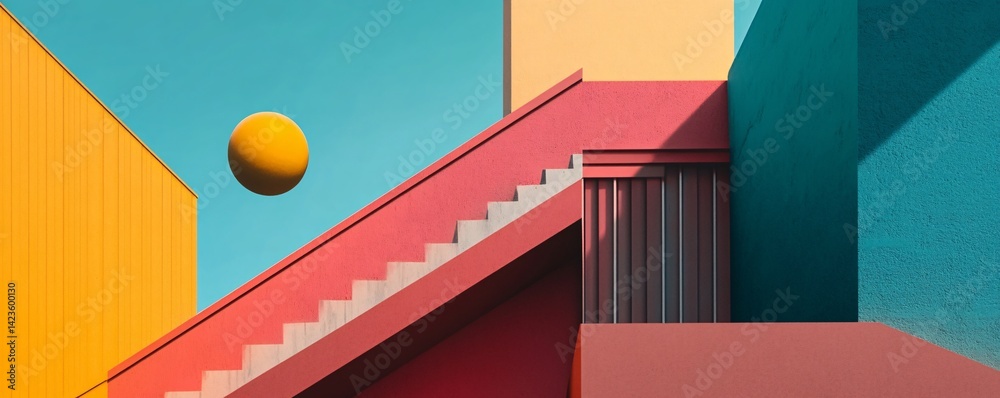 Poster colorful minimalist architecture with stairs and a floating sphere