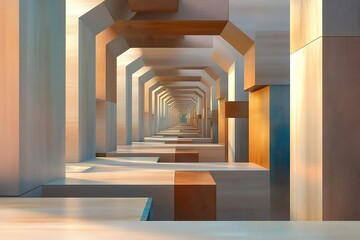 Abstract geometric corridor with symmetrical wooden structures and dynamic light play