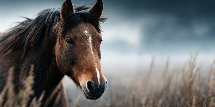 Horse standing in a misty field during dawn capturing the serene beauty of nature and wildlife