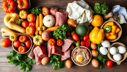 Variety Of Fresh Vegetables, Fruits, And Meats Arranged On Rustic Wooden Table