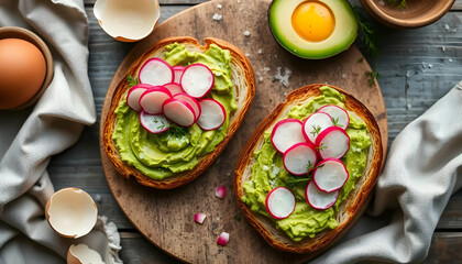 Aromatic Avocado Toast Topped with Fresh Radishes and Egg on Wooden Board