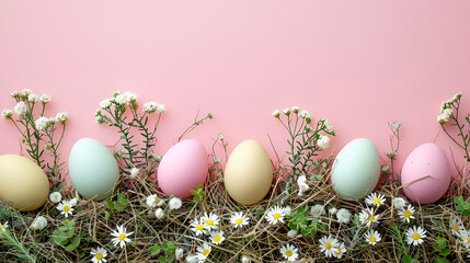 Pastel colored Easter eggs nestled in natural hay with small white flowers against a solid pink background. Top border flat lay design with copy space concept.
