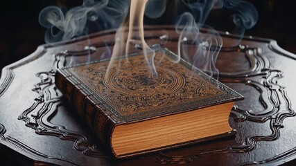 A vintage book on an ornate table, captured from a low-angle. The dim lighting adds a mysterious, cinematic feel, ideal for a suspenseful video.