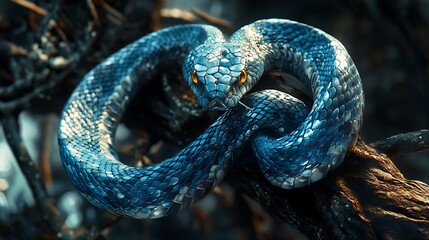 Coiled Snake Resting on Branch with Piercing Yellow Eyes Close Up