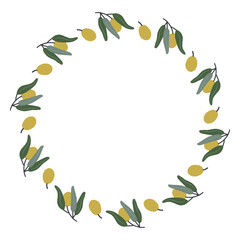 Hand-drawn olive wreath with green leaves and ripe olives in a circular botanical frame - perfect for Mediterranean food labels, invitations, organic branding, packaging, and natural product design.
