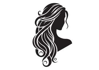 woman hairstyle logo silhouette vector illustration, hair salon logo icon vector silhouette, beauty long hair woman logo silhouette, beauty woman long hair silhouette on white background
