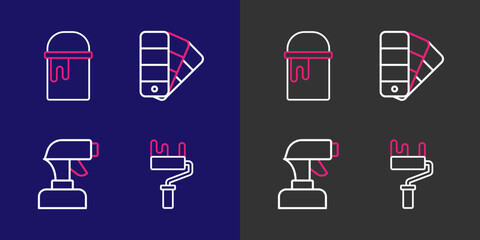 Set line Paint roller brush, spray gun, Color palette guide and bucket icon. Vector
