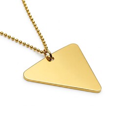 Fototapeta premium Close-up of a glossy triangular gold tag with ball chain on pure white background, no engraving, premium texture, isolated and well-lit.
