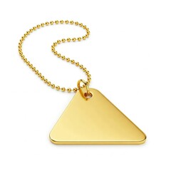 Fototapeta premium Close-up of a glossy triangular gold tag with ball chain on pure white background, no engraving, premium texture, isolated and well-lit.