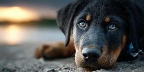 Cute rottweiler puppy resting on sandy beach during sunset with vibrant colors in the background