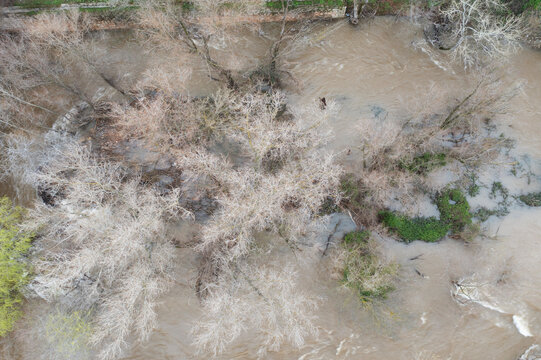 Aerial view of the flooded River Henares, Guadalajara, Spain