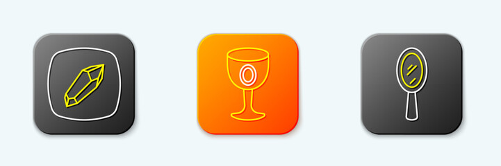Set line Magic stone, Medieval goblet and hand mirror icon. Vector