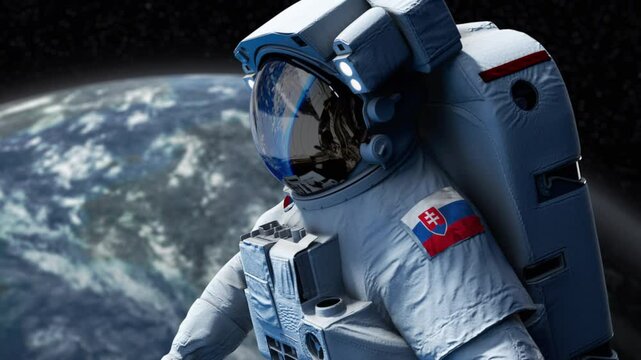 Slovakia, astronaut with arm patch flag floating through space. Space program. Spaceman. Earth in background. The country showing national pride. 