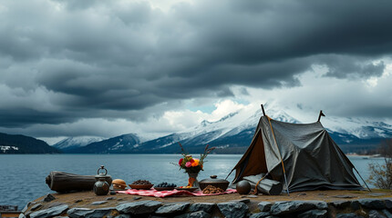 International Picnic Day, Jun 18, Different Foods with Drinks Near Tent Against Lake and Mountains, Generative Ai