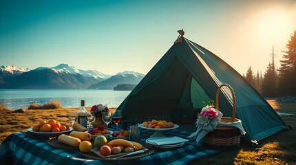 International Picnic Day, Jun 18, Different Foods with Drinks Near Tent Against Lake and Mountains, Generative Ai