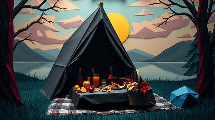 International Picnic Day, Jun 18, Different Foods with Drinks Near Tent Against Lake and Mountains, Generative Ai