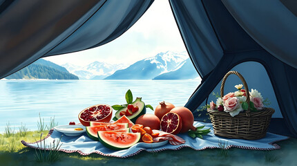 International Picnic Day, Jun 18, Different Foods with Drinks Near Tent Against Lake and Mountains, Generative Ai