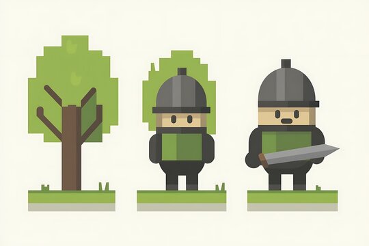 Fototapeta Pixelated soldier, tree, and grass in a video game setting.
