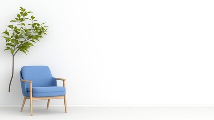 Modern minimalist living room scene.  A light blue armchair sits beside a small potted plant against a white wall