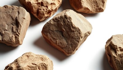 Close Up View Of Irregular Brown Rocks On A White Background