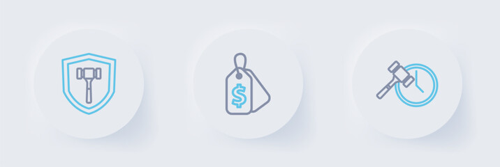 Set line Auction hammer, Price tag with Sale and icon. Vector