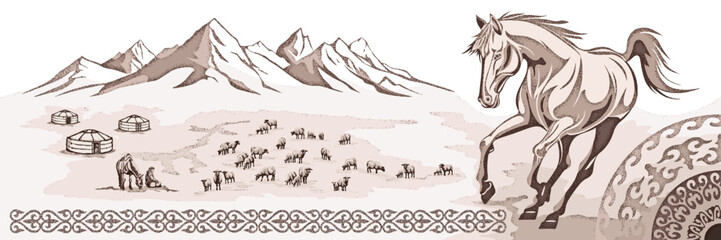 Ethnic illustration, traditions and patterns of Central Asia, yurt and a galloping horse, shepherd and flock of sheep, vector design