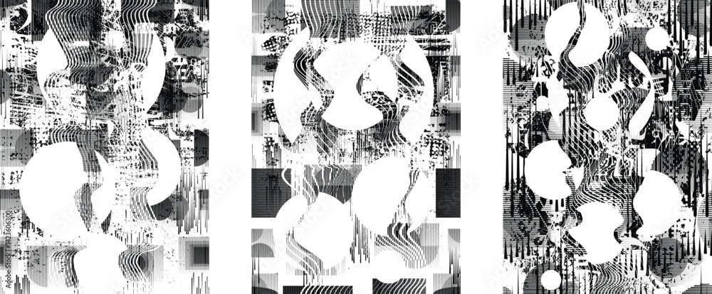 Poster Background with glitch distorted grunge textures . grunge background texture with halftone dots, glitched shapes, textures and lines .Screen print vector background with grunge textured surface.