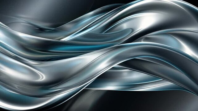 Sleek silver waves create dynamic abstract design with fluid movement, showcasing shiny textures against dark background that enhances elegance and visual appeal.