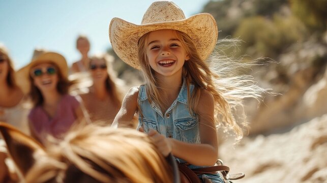 On a bright sunny day, a young girl rides a pony with a big smile, while her family joyfully watches and cheers her on during a fun outdoor activity. - Powered by Adobe