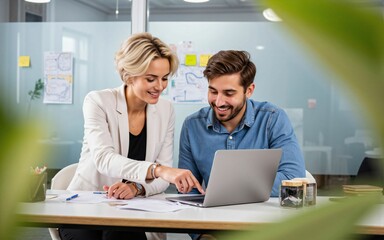 Blonde woman smiling while looking over the shoulder of a young man at a laptop screen in a bright office - a moment of teamwork, guidance, and learning in a collaborative business environment