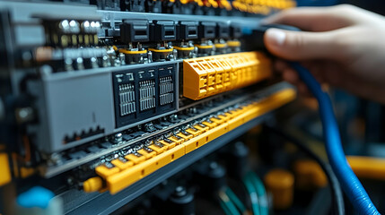 Technician working on complex electronic circuit board high tech energy power system