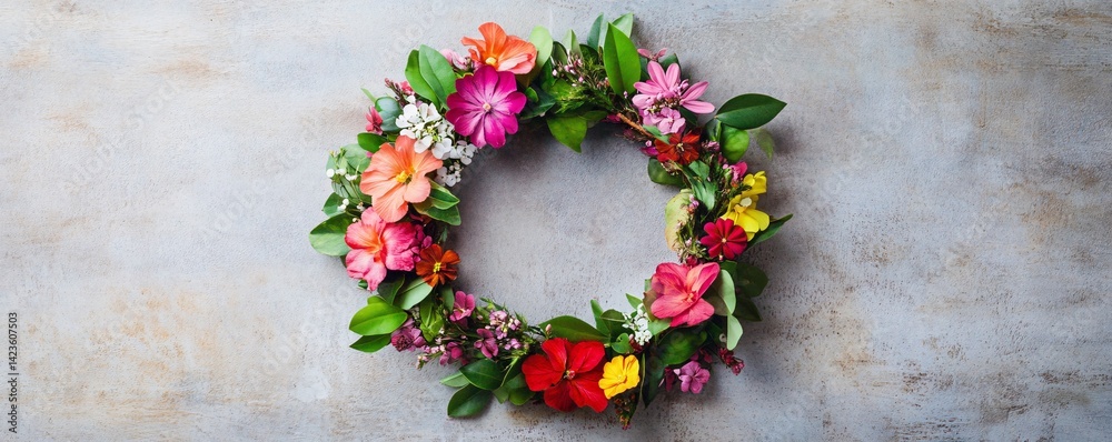Poster beautiful wreath made of colorful summer flowers lying on rustic background
