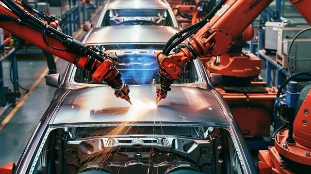 Automated robotic arms welding a car frame in a factory setting. The process highlights precision and efficiency in modern automotive production, with sparks flying during the welding process.