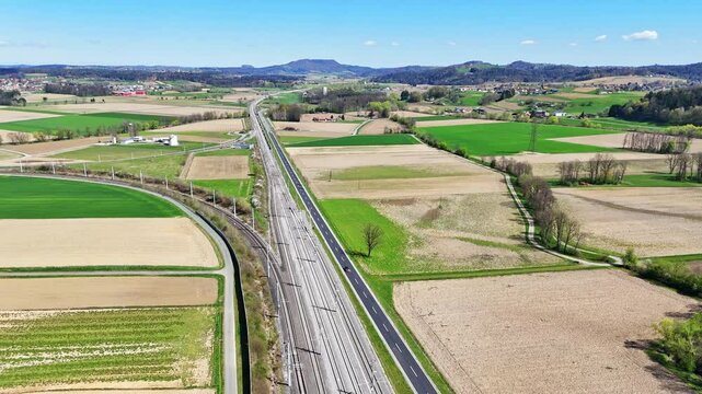Aerial view of the newly built railroad track of the Koralmbahn train connection between Graz and Klagenfurt