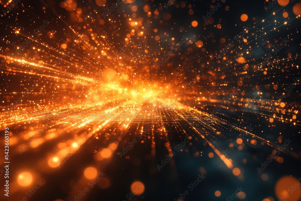 Poster dynamic orange and gold light trails create an abstract background design with depth and texture