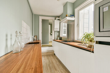 This modern kitchen features an elegant wooden countertop, minimalist design, and soft green walls, creating a cozy yet contemporary atmosphere for cooking.