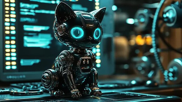 Futuristic robotic cat figurine with glowing blue eyes on a tech-themed desk amidst screens