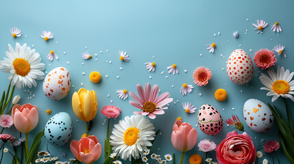 Easter flat lay background with colorful decorated eggs and fresh spring flowers like daisies and tulips arranged on a light blue textured surface. Top view.

